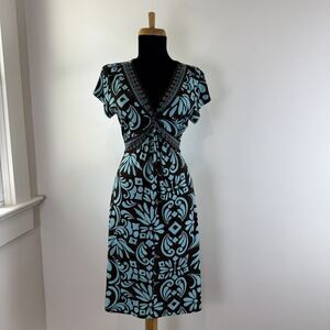 Y2K Mod Abstract Empire Waist Knee Length Dress | Retro Floral Tie Waist, M
